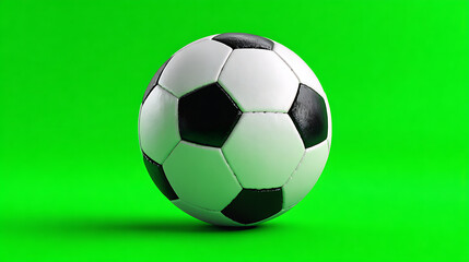 A classic black-and-white soccer ball rests on a bright neon-green background with soft even shadow