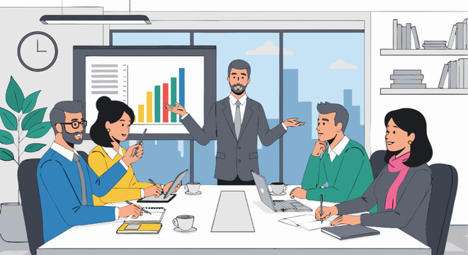 Business meeting where a leader presents financial growth chart on screen to his team in a conference room, highlighting success and collaboration