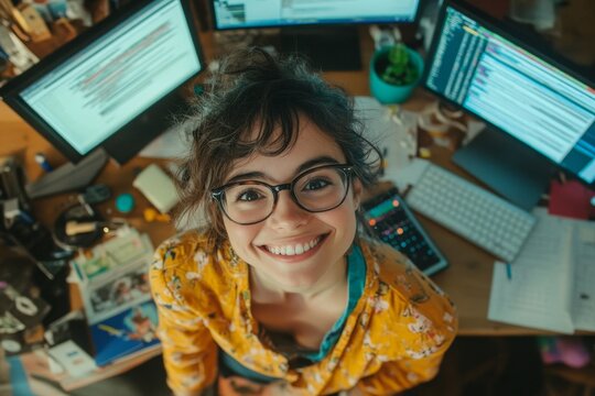smiling female developer in glasses sitting at a desk with a computer,