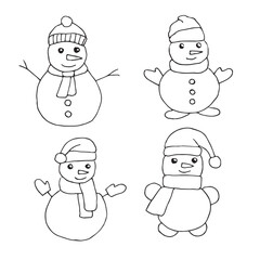 Snowmen doodle set, hand drawing, vector illustration