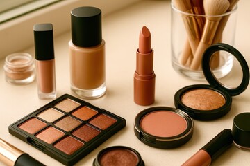 A collection of makeup products including a foundation, a blush, a lipstick