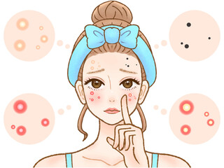 肌荒れに悩むニキビができた顏の大人女性のイラスト素材4