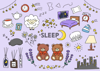 睡眠関係の手描きイラストセット