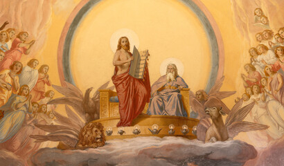 CAVA DE TIRRENI, ITALY - OCTOBER 7, 2025: The fresco of Vision of Apokalypse from St. John - Christ Opens the Book with  in Seven Seals - cupola - Abbazia Santissima Trinita by Vincenzo Morani (1860). © Renáta Sedmáková