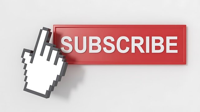 Red digital subscribe button with pixelated hand cursor for 2026 online engagement