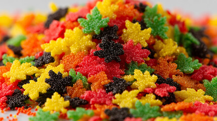 A dense, close-up pile of colorful gummy candies shaped like autumn leaves, coated in sugar crystals, featuring red, green, yellow, orange, and black pieces.
