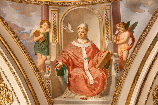 CAVA DE TIRRENI, ITALY - OCTOBER 7, 2025: The fresco of   St. Gregory the Great in the church Abbazia Santissima Trinita by Vincenzo Morani (cca 1860).