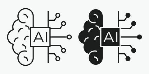 Brain circuit icon in outline and solid style on gray background. Modern vector for digital intelligence, neural connections, computing, and smart technology concepts.