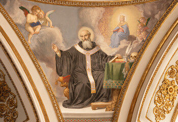 Obraz premium CAVA DE TIRRENI, ITALY - OCTOBER 7, 2025: The fresco of St. Ildefonsus in the church Abbazia Santissima Trinita by Vincenzo Morani (cca 1860).