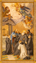 Fototapeta premium CAVA DE TIRRENI, ITALY - OCTOBER 7, 2025: The ceiling fresco of Death of St. Benedict in the church Abbazia Santissima Trinita by Vincenzo Morani (cca 1860).