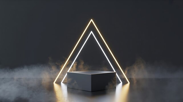 Dark geometric stage with glowing neon triangle and smoke podium platform - Powered by Adobe