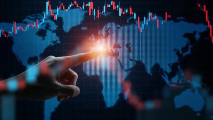 Finger touching a digital world map with stock market charts overlayed finance technology - Powered by Adobe