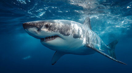 Fototapeta premium Majestic great white shark glides through blue ocean, sunlight dapples its streamlined body in view