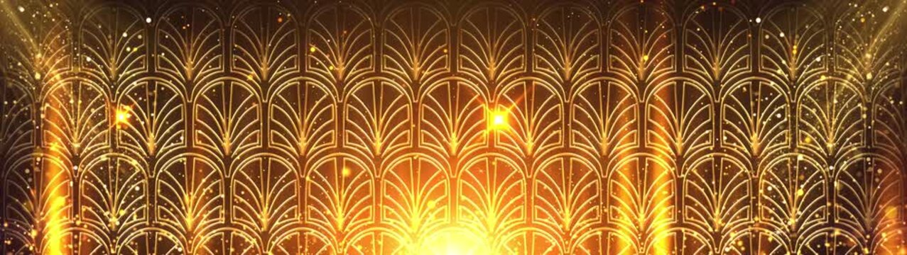 Luxury Golden Art Deco Background Loop with Gatsby Fan Pattern and Glittering Particles