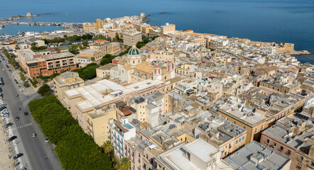 Naklejka premium Aerial view of houses and buildings in the historic center of Trapani, Sicily, Italy. It is a beautiful city overlooking the Mediterranean Sea.