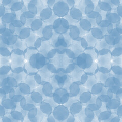 A symmetrical seamless pattern of overlapping circles or ovals in a bright, transparent blue like tie dye. White background for textiles, wallpaper, posters, handkerchiefs, curtains, pillowcases