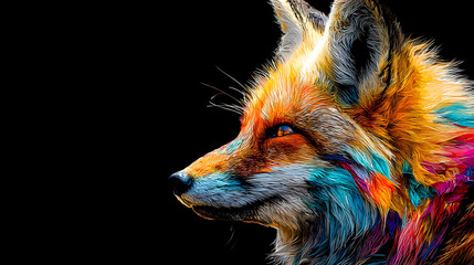 A vibrant multicolored fox head in profile against a solid black background, luminous and bold art!!