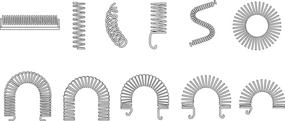 Coil spring silhouettes, black and white vector, mechanical tension icons, compression shapes, engineering components, flexible metal design, industrial element set