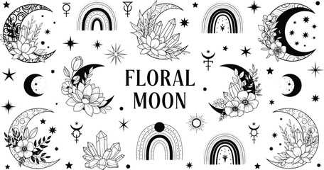 Floral moon silhouettes, celestial vector illustration, black and white design, mystical crescent shapes, stars, crystals, rainbows, astrology symbols, spiritual art