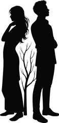 Silhouette of sad couple standing back to back with bare tree between them, relationship conflict, breakup, emotional distance illustration