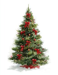 Fototapeta premium A festive Christmas tree adorned with red ribbons and ornaments, perfect for holiday-themed projects, greeting cards, or seasonal dÃ©cor promotions, Ideal for creating a warm, cheerful atmosphere,