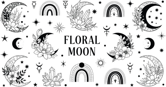 Floral moon silhouettes, celestial vector illustration, black and white design, mystical crescent shapes, stars, crystals, rainbows, astrology symbols, spiritual art