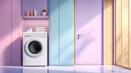 Modern laundry room with pastel walls, washing machine, shelves, and sunlight streaming through the door