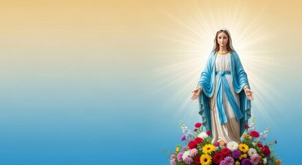 Día de la Inmaculada gradient from pale gold to heavenly blue, statue of Immaculate Mary with flowers at feet