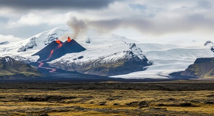 Snow covered volcano erupting with lava flowing down its side under a cloudy sky