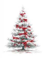 Fototapeta premium A festive white Christmas tree adorned with red ribbons and decorations creates a cheerful holiday atmosphere, ideal for greeting cards, invitations, or seasonal marketing materials,