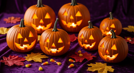 Fototapeta premium Arrangement of carved orange pumpkins on purple velvet, lit from within, with candy corn and colorful fallen leaf. Halloween celebration concept