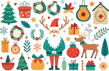 Festive christmas vector bundle featuring santa claus and reindeer illustrations and elements isolated on transparent background