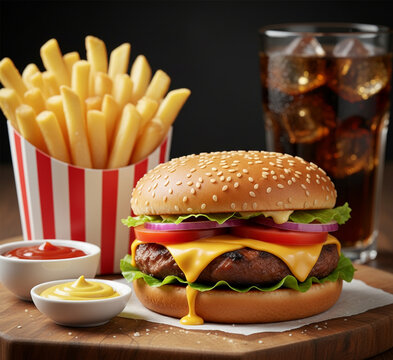 illustration - a gourmet cheeseburger with fries and coka