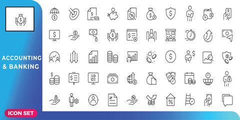Comprehensive collection of line icons for finance and business, featuring symbols for banking, accounting, investment, and money management in a modern outline style