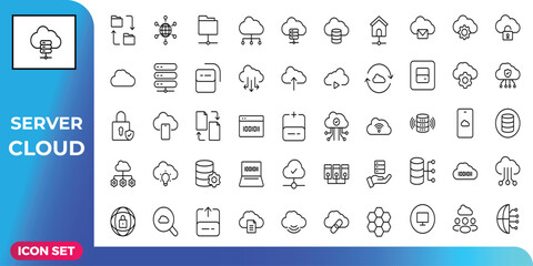 Outline icon set for server infrastructure, cloud computing, and data management concepts. This vector collection represents network security and digital technology solutions