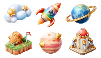 Colorful Space-Themed Objects with Planets, Rocket, and Stars on Transparent Background