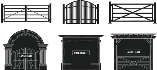 Ranch gate silhouette set, black and white vector, entrance design icons, western fence styles, architectural structure illustration, rural property graphic bundle