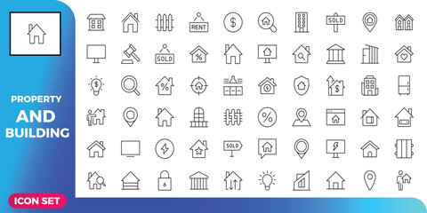 Vector icon set of property and building symbols. Thin line icons for real estate, mortgage, construction, and home services, perfect for web design and app interfaces