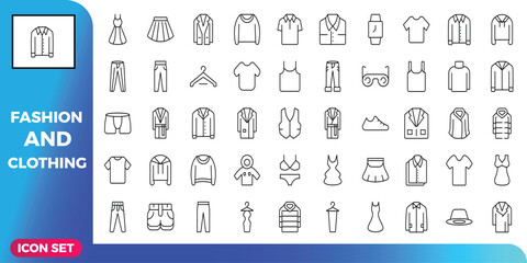 A comprehensive collection of fashion and clothing icons designed for versatile applications, suitable for apparel design, websites, and style guides, featuring a range of garment icons