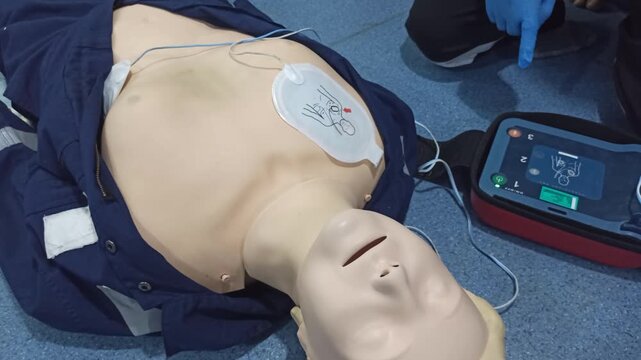 pressing the AED's shock button to deliver an electric shock to a heart attack patient