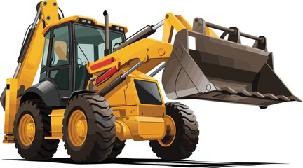 Yellow and black heavy construction loader machine with large bucket and strong tires, industrial equipment for building and excavation work