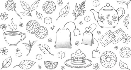 Tea time illustration, black and white vector, teapot, teacup, sweets, cookies, cake, sugar cubes, floral elements, cozy beverage design