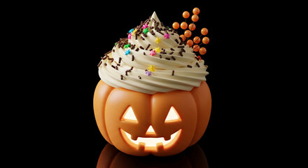 Digital art of pumpkin cupcake on black background, with cream and sprinkles on top, symbolizes holiday, Halloween, celebration, autumn season and dessert