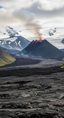 Active volcano erupting with glowing lava and smoke billowing into the sky over a lava field