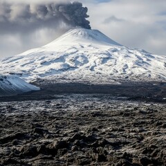 Snow capped volcano spewing ash and smoke into the sky during an eruption