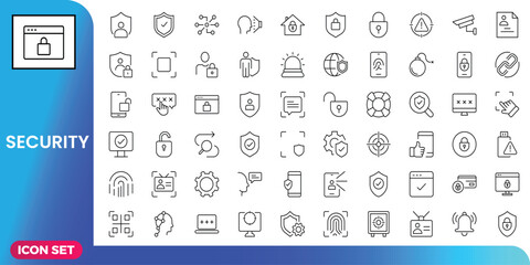 Collection of security icons featuring a padlock on a computer screen, a shield, and more, all presented in a line style, creating a versatile icon set