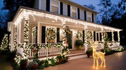 A lovely Florida house adorned with Christmas lights, wreaths, and a golden deer standing nearby, creating a festive nighttime atmosphere