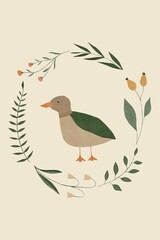 Illustration of a duck surrounded by autumn flowers