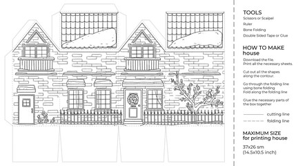 Winter Christmas Kids craft paper house. Cut and glue cartoon 3D toy doll house. Building paper craft model. Printable template