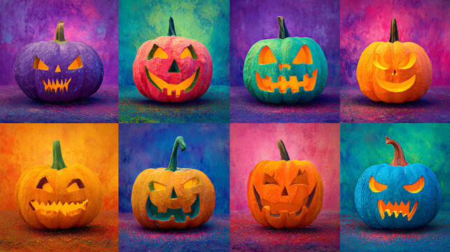 A vibrant grid of carved jack-o'-lantern pumpkins in bold colors on textured backgrounds today soon - Powered by Adobe